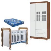 Berço Mirelle E Guarda Roupa Mariah 3 Portas Branco Acetinado Amadeirado Com Colchão Carolina