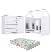 Berço Montessoriano Americano e Cômoda Infantil Mississipi Branco com Colchão Gazin Henn