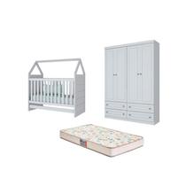 Berço Montessoriano Americano e Guarda Roupa Americano 4 Pts Branco e Colchão - FdECOR