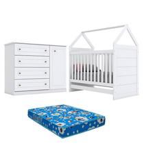 Berço Montessoriano e Cômoda Infantil Americano Branco com Colchão Ortobom Henn