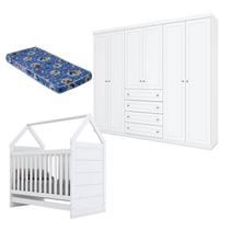 Berço Montessoriano e Guarda Roupa Infantil Americano 6 Portas Branco HP com Colchão Ortobom - Henn