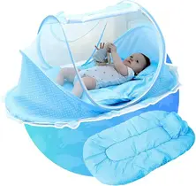 Berço Mosquiteiro Cama Infantil para Bebê Portátil Azul Design Tenda Cercadinho Dobrável Acolchoada Travesseiro e Bolsa de Transporte Baby Sono Neném