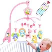Berço móvel Caterbee para embalar e brincar, brinquedos de berço com luz e música, controle remoto, projetor para maiores de 0 meses (Floresta Rosa)