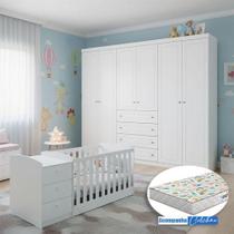 Berço Multifuncional Atlanta E Guarda Roupa 6 Portas Americano Ambiente Branco Fosco Henn Com Colchão Gazin - Reller