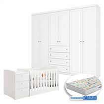 Berço Multifuncional Atlanta e Guarda Roupa 6 Portas Mississipi Branco Fosco Henn com Colchão Gazin - Reller
