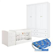 Berço Multifuncional Atlanta e Guarda Roupa Mississipi 4 Portas Henn Branco Fosco com Colchão Ortobom - Reller