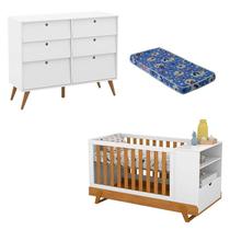 Berço Multifuncional Bkids com Cômoda 6 Gavetas Gold Branco Freijó Eco Wood e Colchão Matic