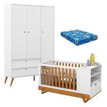 Berço Multifuncional Bkids com Guarda Roupa 3 Portas Gold Branco Freijó Eco Wood e Colchão Matic