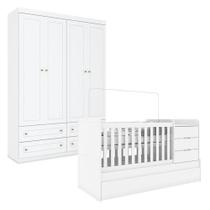 Berço Multifuncional Cleo E Guarda Roupa Infantil 4 Portas Americano Branco Fosco - Carolina
