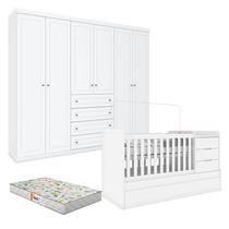 Berço Multifuncional Cleo e Guarda Roupa Infantil 6 Portas Americano Branco Fosco com Colchão Gazin - Henn