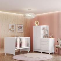 Berço Nacional 3540 e Guarda Roupa com Cômoda 4070 Ambiente Doce Sonho Branco Brilho com Pés Qmovi