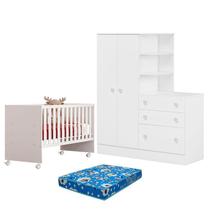 Berço Nacional 3540 e Guarda Roupa com Cômoda 4070 Doce Sonho Branco Brilho e Colchão Tend Tudo Qmovi