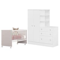 Berço Nacional 3540 e Guarda Roupa com Cômoda 4070 Doce Sonho Branco Brilho Qmovi