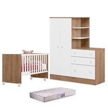 Berço Nacional 3540 e Guarda Roupa com Cômoda 4070 Doce Sonho Carvalho Rústico TOQ Branco e Colchão Gazin Qmovi