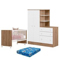 Berço Nacional 3540 e Guarda Roupa com Cômoda 4070 Doce Sonho Carvalho Rústico TOQ Branco e Colchão Tendtudo Qmovi