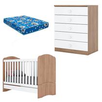 Berço Nacional Bala de Menta e Cômoda Infantil Pique-Esconde Rústico Branco com Colchão Ortobom Henn