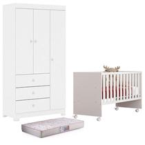 Berço Nacional Doce Sonho 3540 e Guarda Roupa Duda 3 Portas Branco Brilho com Colchão Gazin Phoenix Baby