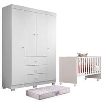 Berço Nacional Doce Sonho 3540 e Guarda Roupa Duda 4 Portas Branco Brilho com Colchão Gazin Phoenix Baby