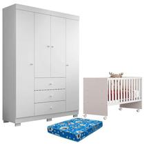 Berço Nacional Doce Sonho 3540 e Guarda Roupa Duda 4 Portas Branco Brilho com Colchão Ortobom Phoenix Baby