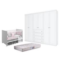 Berço Nacional Mel Branco Acetinado Reller e Guarda Roupa Casal Americano 6 Portas Branco HP e Colchão Gazin Henn