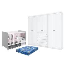 Berço Nacional Mel Branco Acetinado Reller e Guarda Roupa Casal Americano 6 Portas Branco HP e Colchão TendTudo Henn