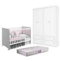 Berço Nacional Mel Branco Acetinado Reller e Guarda Roupa Infantil Americano 4 Portas Branco HP e Colchão Gazin Henn