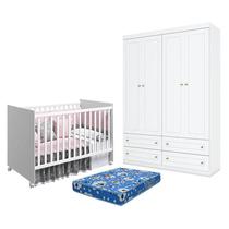 Berço Nacional Mel Branco Acetinado Reller e Guarda Roupa Infantil Americano 4 Portas Branco HP e Colchão Ortobom Henn