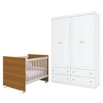 Berço Nacional Mel Branco Savana Reller e Guarda Roupa Infantil Americano 4 Portas Branco HP Henn
