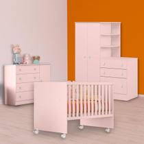 Berço Reto, Cômoda Sapateira e Guarda Roupa C/ Cômoda Rosa