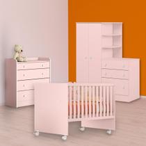 Berço Reto, Cômoda Trocador e Guarda Roupa C/ Cômoda Rosa