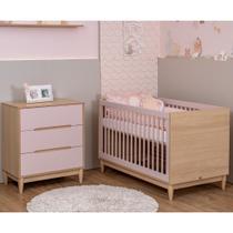 Berço Rosa Americano e Cômoda em mdf Rosa com Carvalho Linha Tomi - Quater