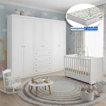 Berço Tutto New Com Guarda Roupa Mississipi Ambiente 6 Portas Branco Fosco E Colchão Gazin - Matic