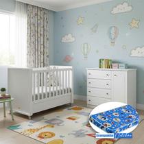 Berço Tutto New e Cômoda Infantil Mississipi Ambiente Branco Fosco com Colchão Ortobom - Matic