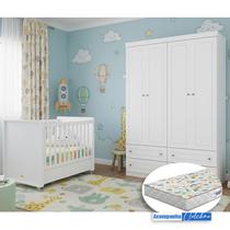 Berço Tutto New e Guarda Roupa Infantil Mississipi Ambiente 4 Portas Branco Fosco com Colchão Gazin - Matic