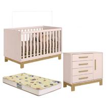 Berço Vira Mini Cama com Colchão e Cômoda Retrô Rosa Qmovi