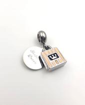 Berloque Bolsa com Resina Rosa e Medalha Shopping Queen Aço Inox