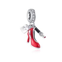 Berloque Charm Pingente Mulher Sapato Scarpin Vermelho Batom e Espelho Prata 925