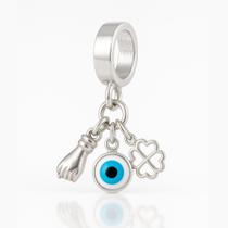 Berloque Charms Figa Trevo Sorte Olho Grego Branco Prata Lei