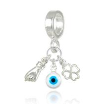 Berloque Charms Figa Trevo Sorte Olho Grego Branco Prata Lei