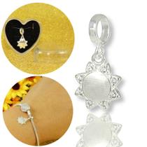 Berloque Charms Flor Girasol Cravejado Zirconia Prata Lei
