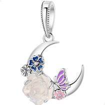 Berloque Charms Pingente Lua Flores Borboleta Prata 925
