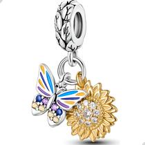 Berloque Charms Pingente Sorte Girassol Borboleta Prata 925