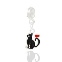 Berloque Gato Preto Banhado a Prata 925 Pingente Charm