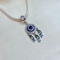 Berloque Pendurado Filtro dos Sonhos com Olho Grego e Penas Coloridas em Prata 925 Berloque Pendurado Filtro dos Sonhos com Olho Grego e Penas Coloridas em Prata 925