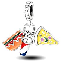 Berloque Pingente Fast Food Pizza Refrigerante Cachorro-Quente em Prata 925