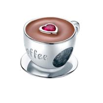 Berloque Pingente Xicara de Café Coração Vermelho Prata 925