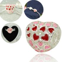 Berloque Separador Prata Coração Corações Veremelho Rosa