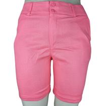 Bermuda Alfaiataria Social Feminina Linho com Elastano Barra Viradinha Ziper Botão Coral Plus Size
