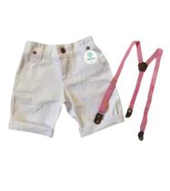 Bermuda Bita Branca com Suspensório Rosa PP (Meses a 1 ano)