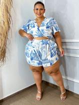 Bermuda com Laço e Elastico na cintura e Cropped em Duna Plus Size